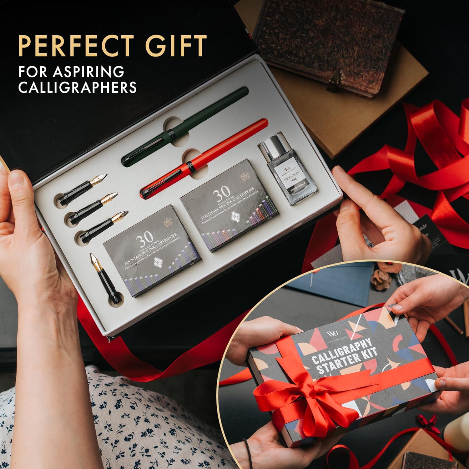 Wordsworth and Black Calligraphy Pen Set - Green - Includes 2 Calligraphy Pens, 18 ML Ink Bottle, 60 Ink Cartridges, A Refill Converter, 1 Medium and 4 Broad Nibs, Brush Pen