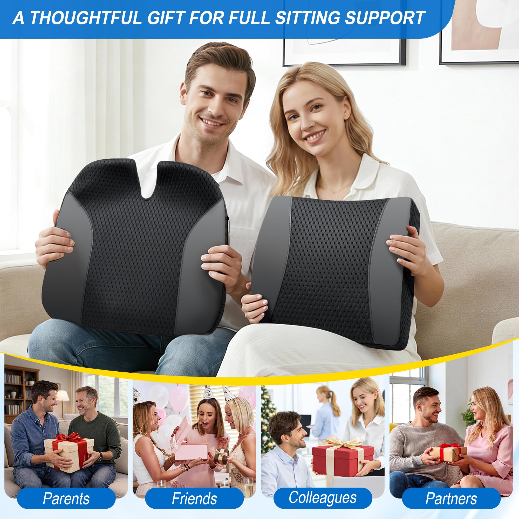 Cojines traseros y cojines de asiento: cojín de espuma viscoelástica para asiento de coche con cojín de apoyo lumbar para una conducción prolongada, cojín de silla de oficina para alivio del dolor