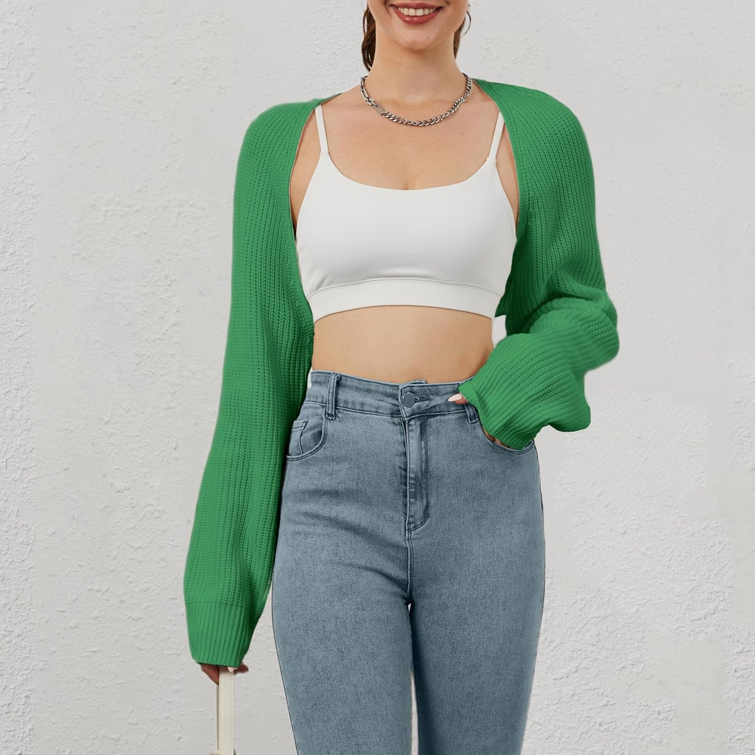 Women Open Front Ribbed Knit Crop Bolero Drop Shoulder Long Sleeve Solid Loose Fit Knitted Crop Cardigan Shrug - Image 5