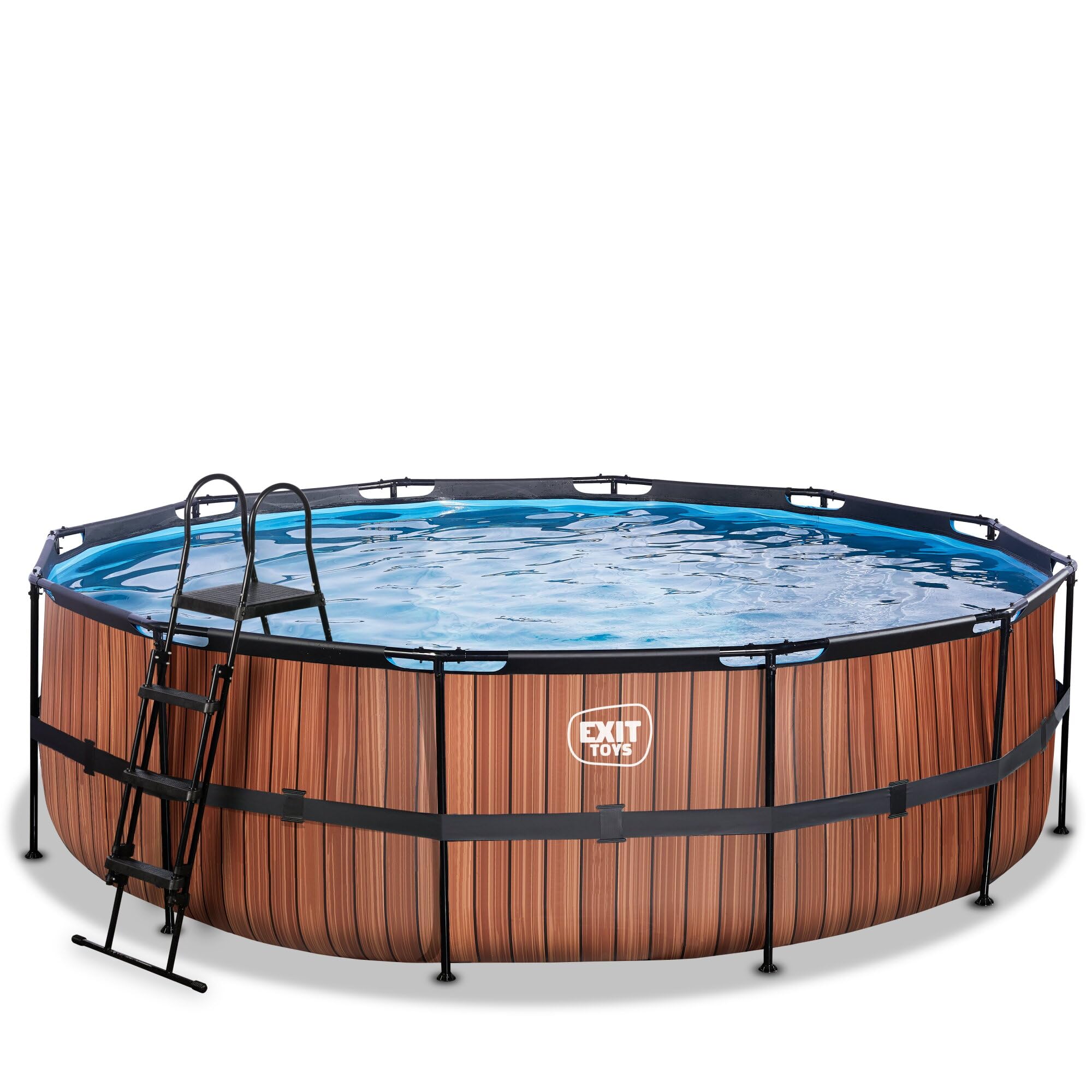 EXIT Toys Wood Pool - ø488x122cm - Piscina de Marco Redondo Grande con Bomba de Filtro de Cartucho - Piscina Extra Profunda - Marco Robusto - Incluye Escalera de Piscina - Diseño Único - Marrón