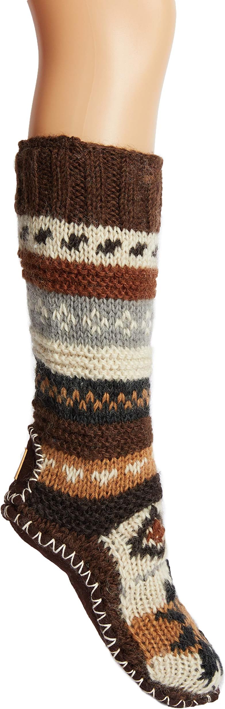 Hand Knit Wool Fleece Lined Long Slipper Socks with Non Slip Soles