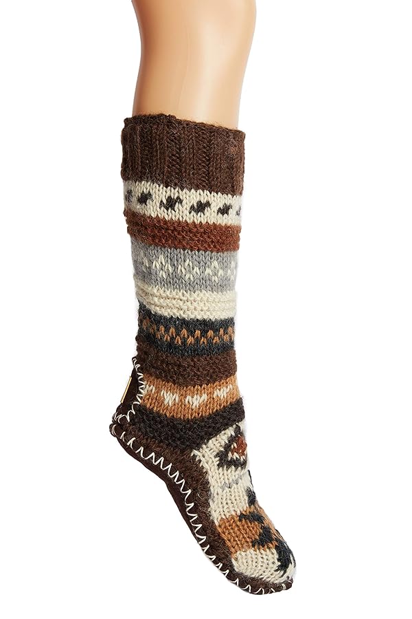 Tibetan Socks Hand Knit Wool Fleece Lined Long Slipper Socks with Non Slip Soles (Brown, S) by Tibetan Socks - Used condition - US$45.16