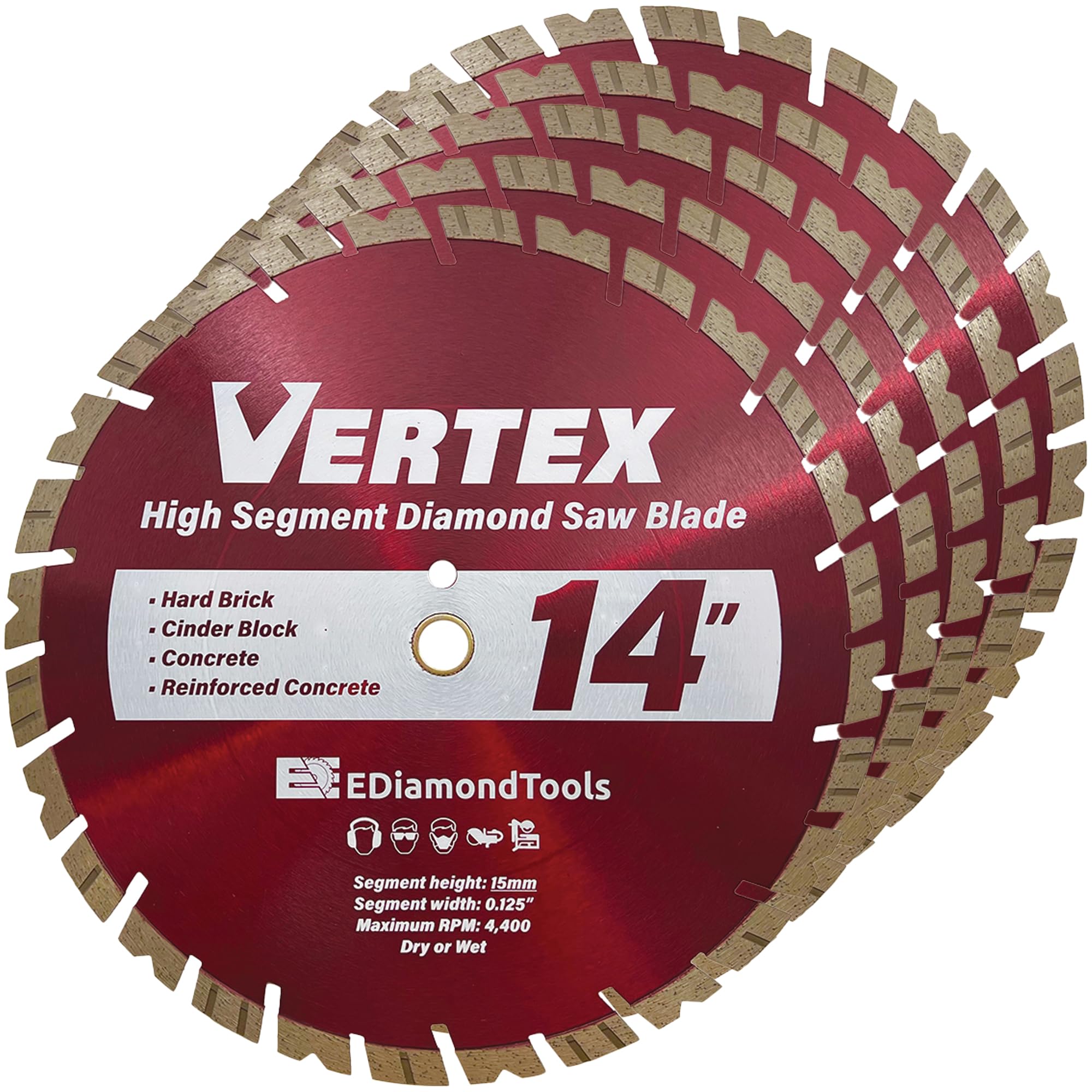 14" Premium General Purpose Diamond Saw Blades for Concrete and Brick, 1/8" Segment Width, 15mm Segment Height, 4-5/8" Cutting Depth, 1" Arbor, 5-Pack