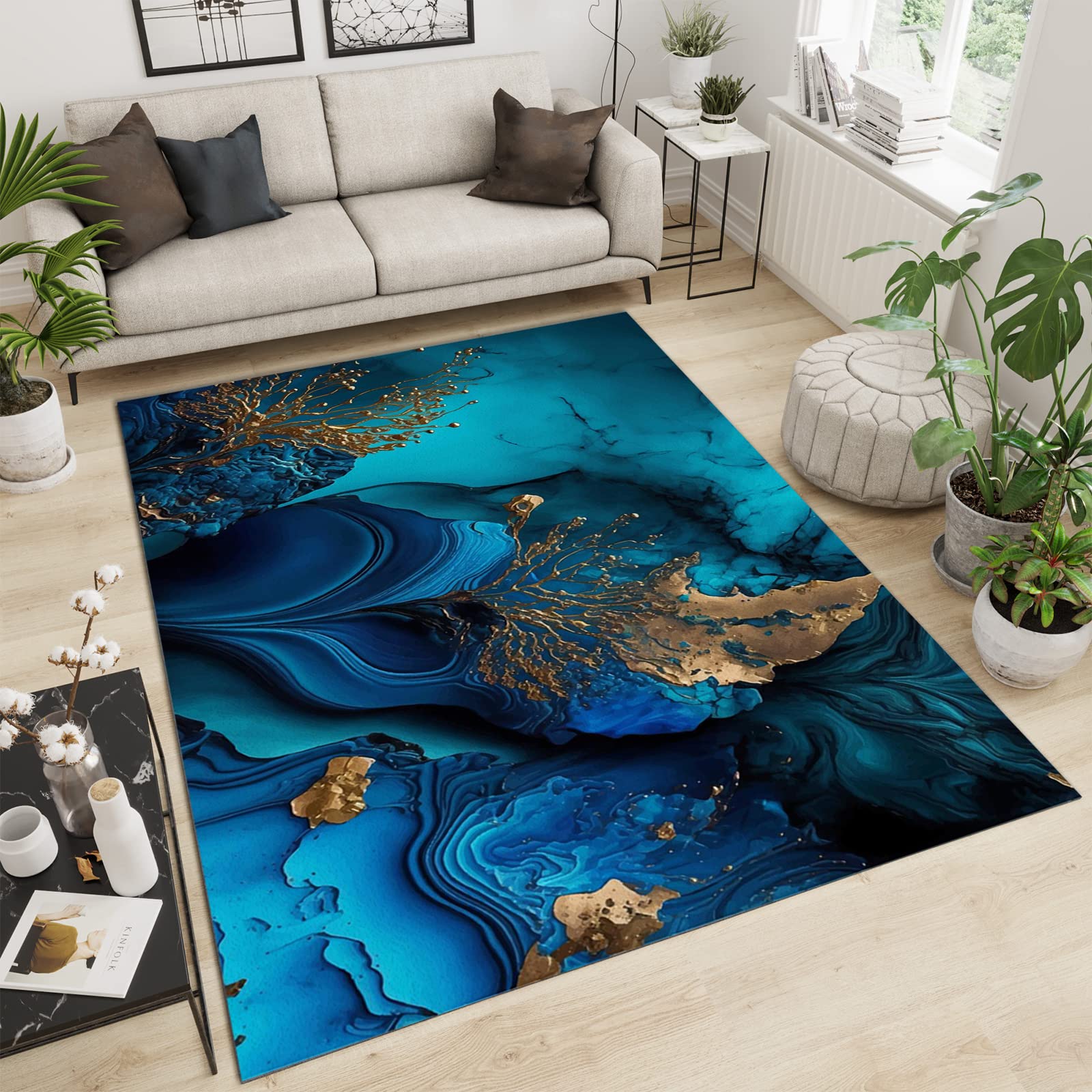 Abstract Marble Turquoise Area Rugs, Gilded Modern Blue Green Fluid Graffiti Art Apartment Carpet, Bedroom Rug High Density Dust-Proof Apply to Living