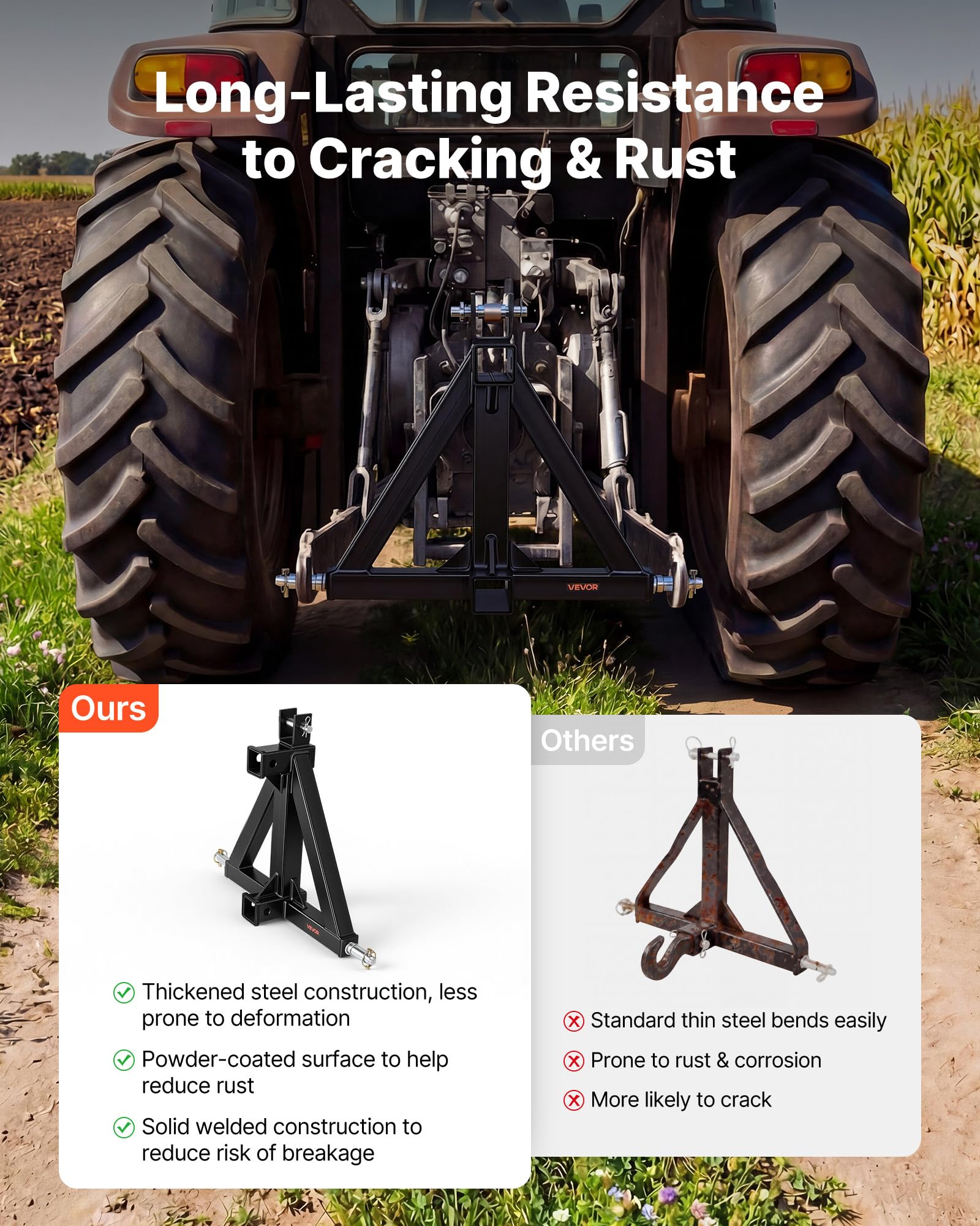 VEVOR Attelage de Remorque 3 Points avec 2 Récepteurs 50,8 mm Triangle d'Attelage, Adaptateur de Remorquage pour Tracteur Catégorie 1, Compatible avec Kubota, John Deere, Ford, Massey Ferguson, Yanmar