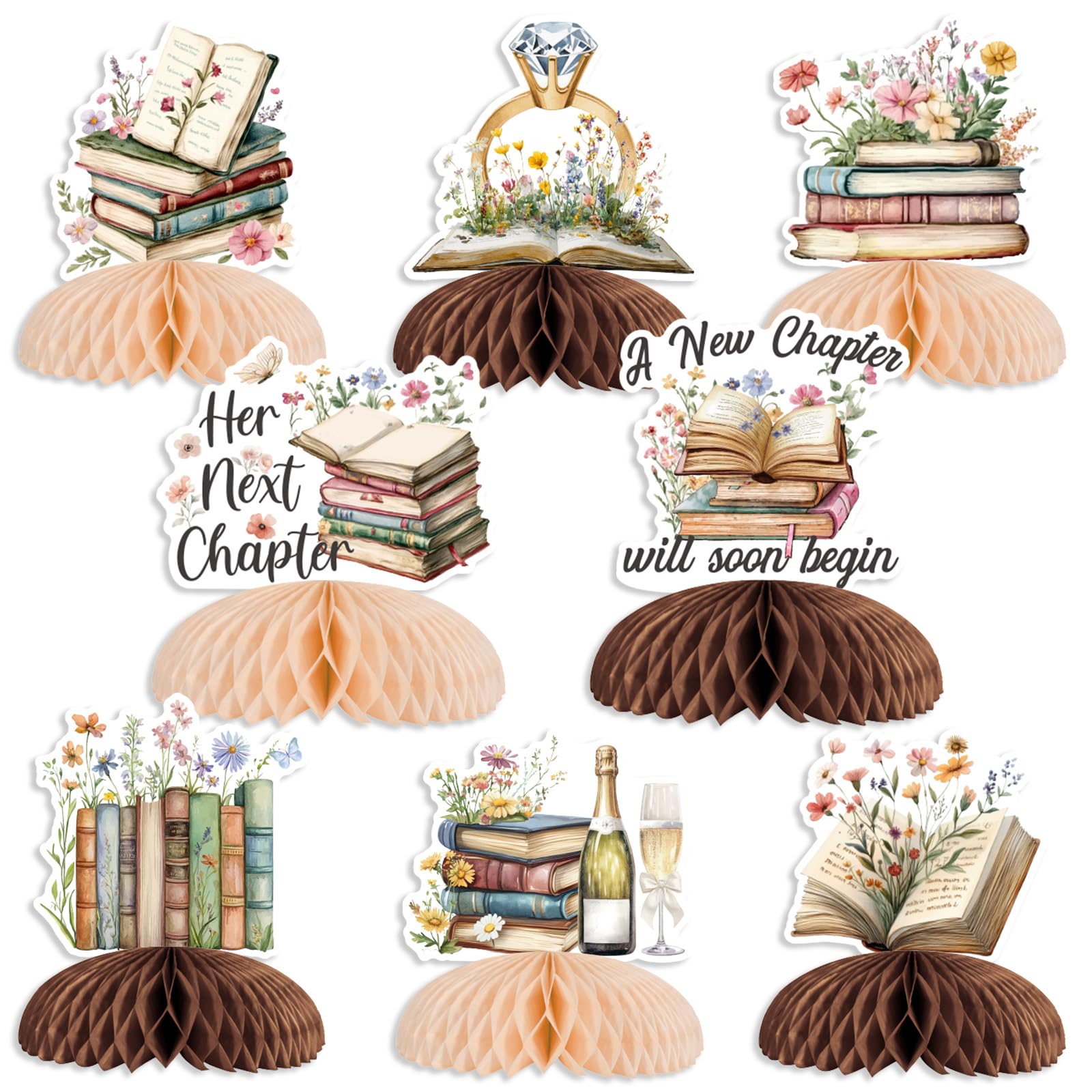8Pcs Storybook Bridal Shower Honeycomb Centerpieces, A New Chapter Will Soon Begin Table Decor, Floral Book Her Next Chapter Table Signs for Bridal Shower Weddi