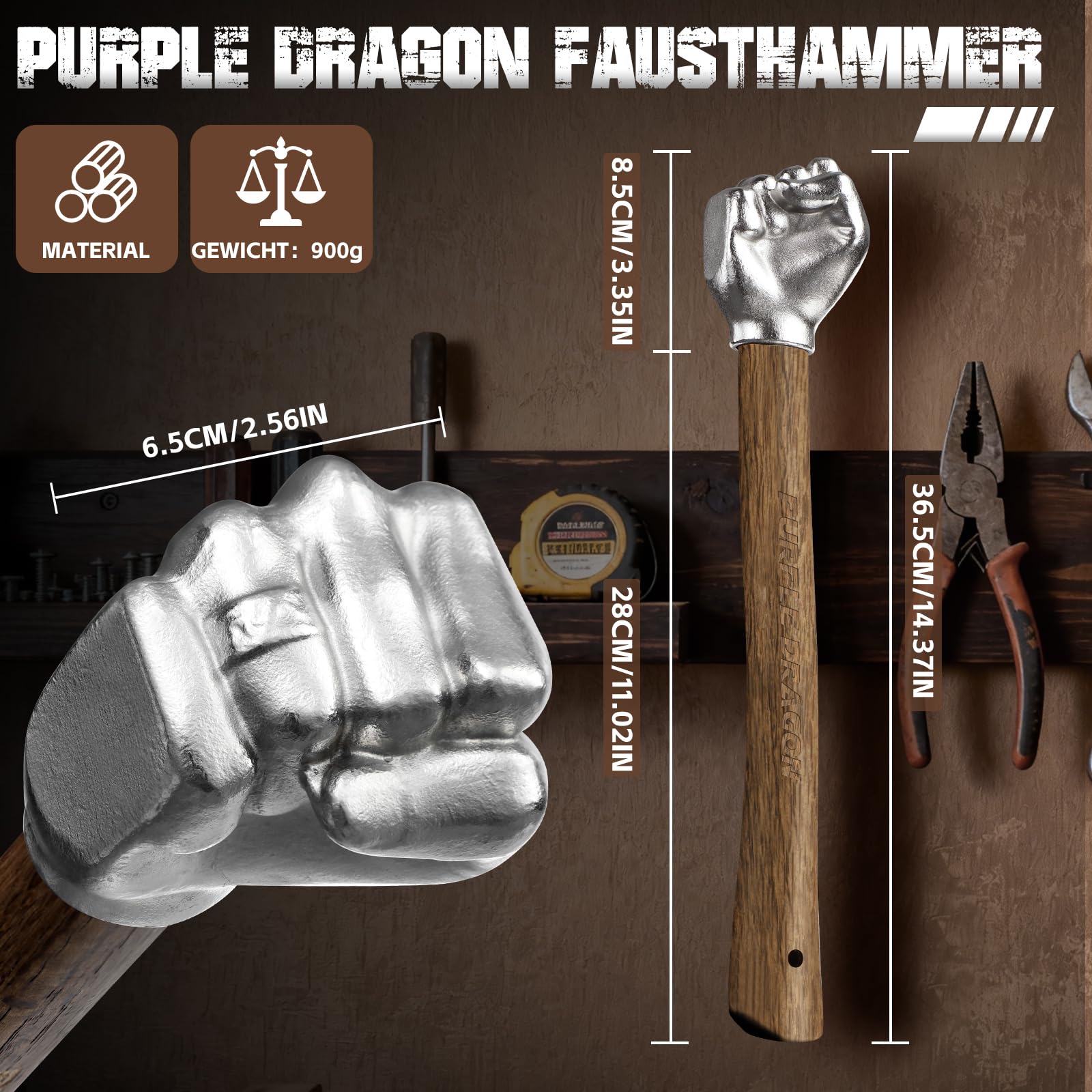 Faust Hämmer mit Holzgriff 0,9 kg - Handhammer in Faustform für DIY, Handwerk & Camping