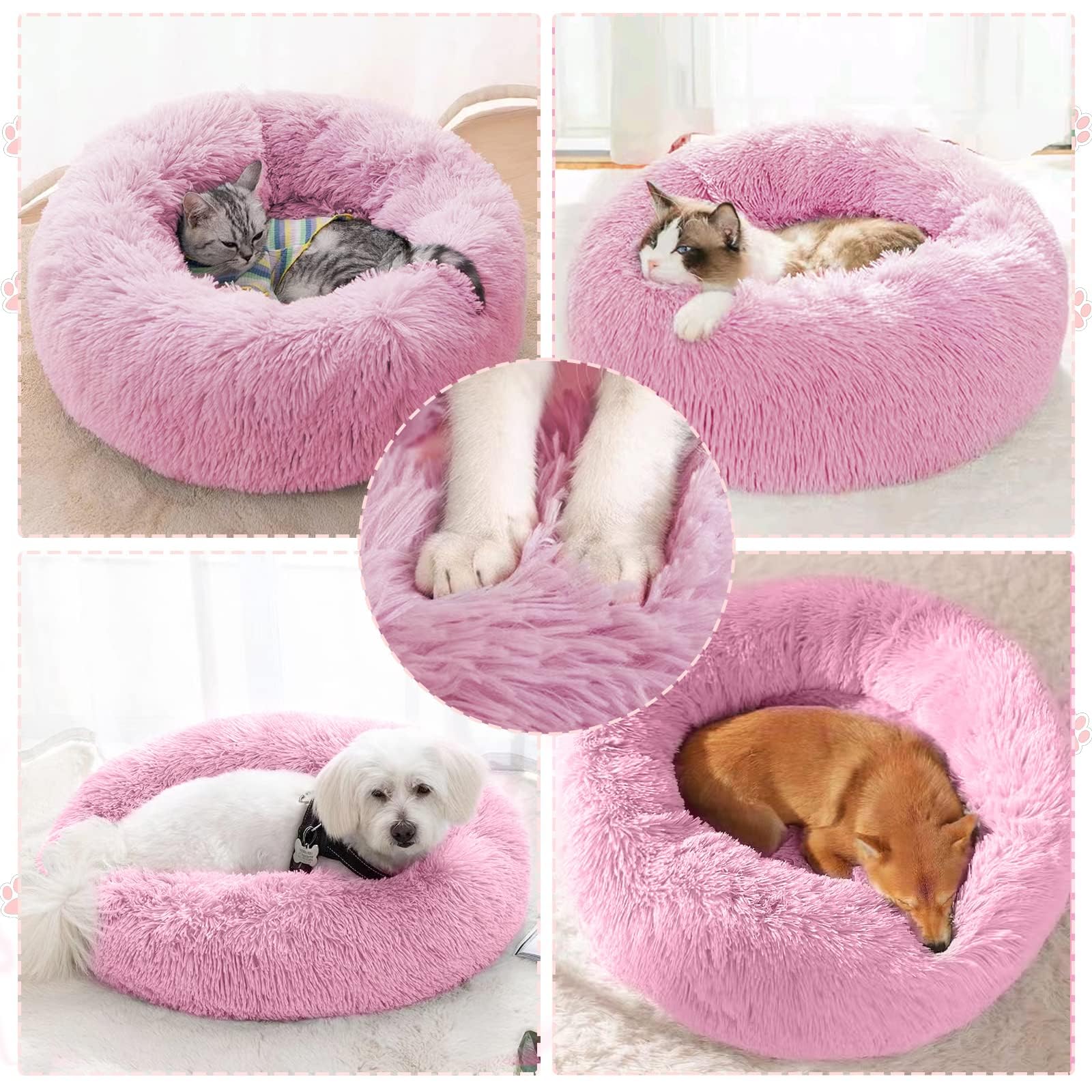 DONWEI Cuccia Gatto Morbida, Cuccia Cane Interno, Cuscino Gatto Peluche, Letto per Gatti Pelosa, Ciambell Antiscivolo, Lavabile in Lavatrice, Taglia Media Piccola, Rosa 70cm
