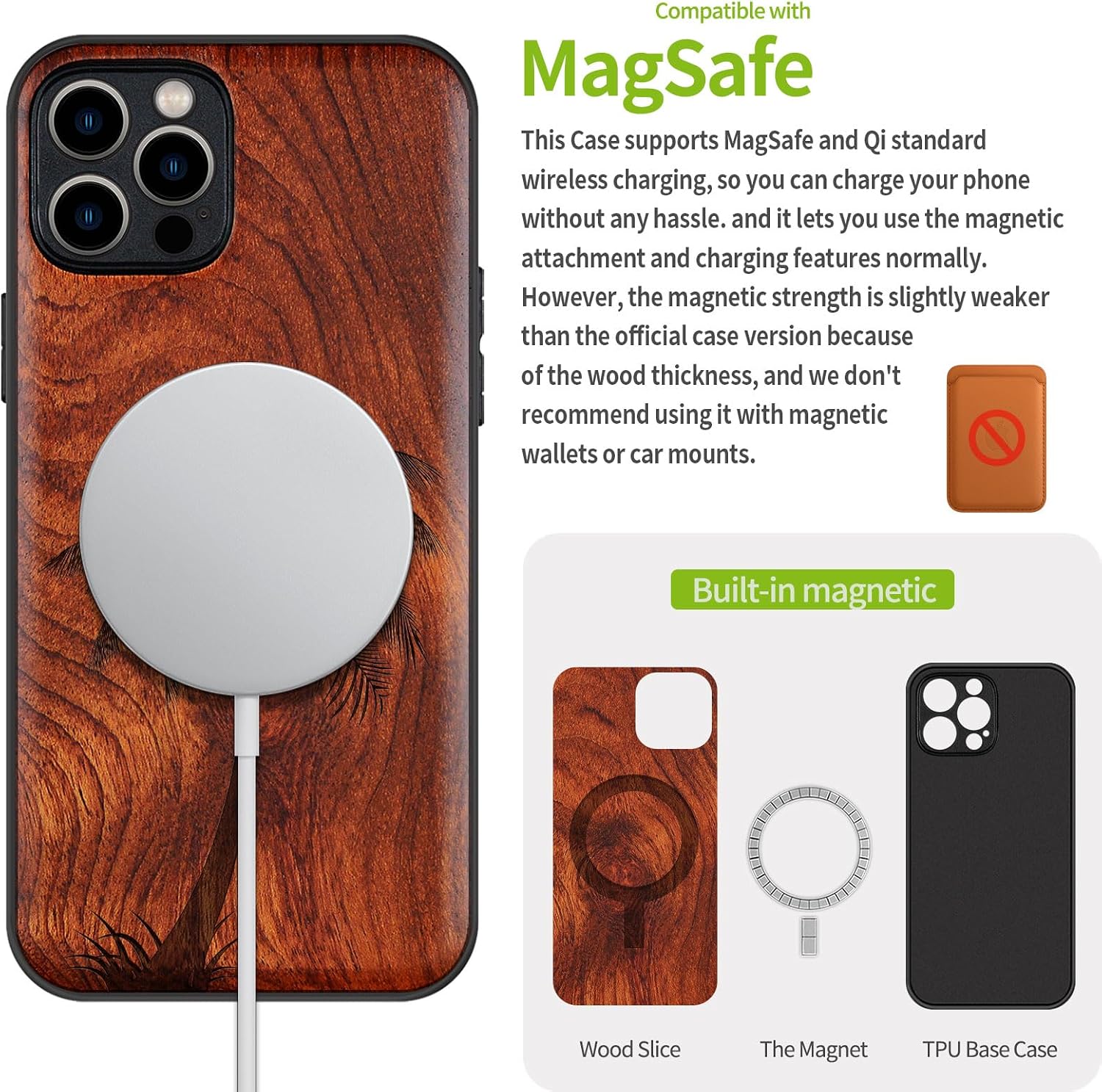 Carveit Magnetic Wood Case for iPhone 12 Pro Max Case [Natural Wood & Black Soft TPU] Shockproof Protective Unique Wooden Cover Compatible with MagSafe (The Palm Tree -Rosy)