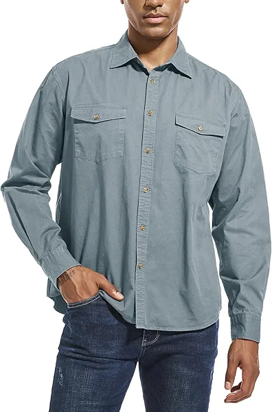 LUIGRAD Mens Button Up Shirts Long Sleeve Button Down Shirts with Two Pockets Work Shirts for Men