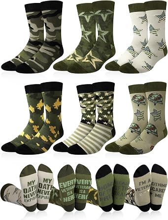 6 Pairs Army Socks for Men Novelty Army Camo Crew Socks 4th July 250th Anniversary Military Gifts Patriotic Veteran