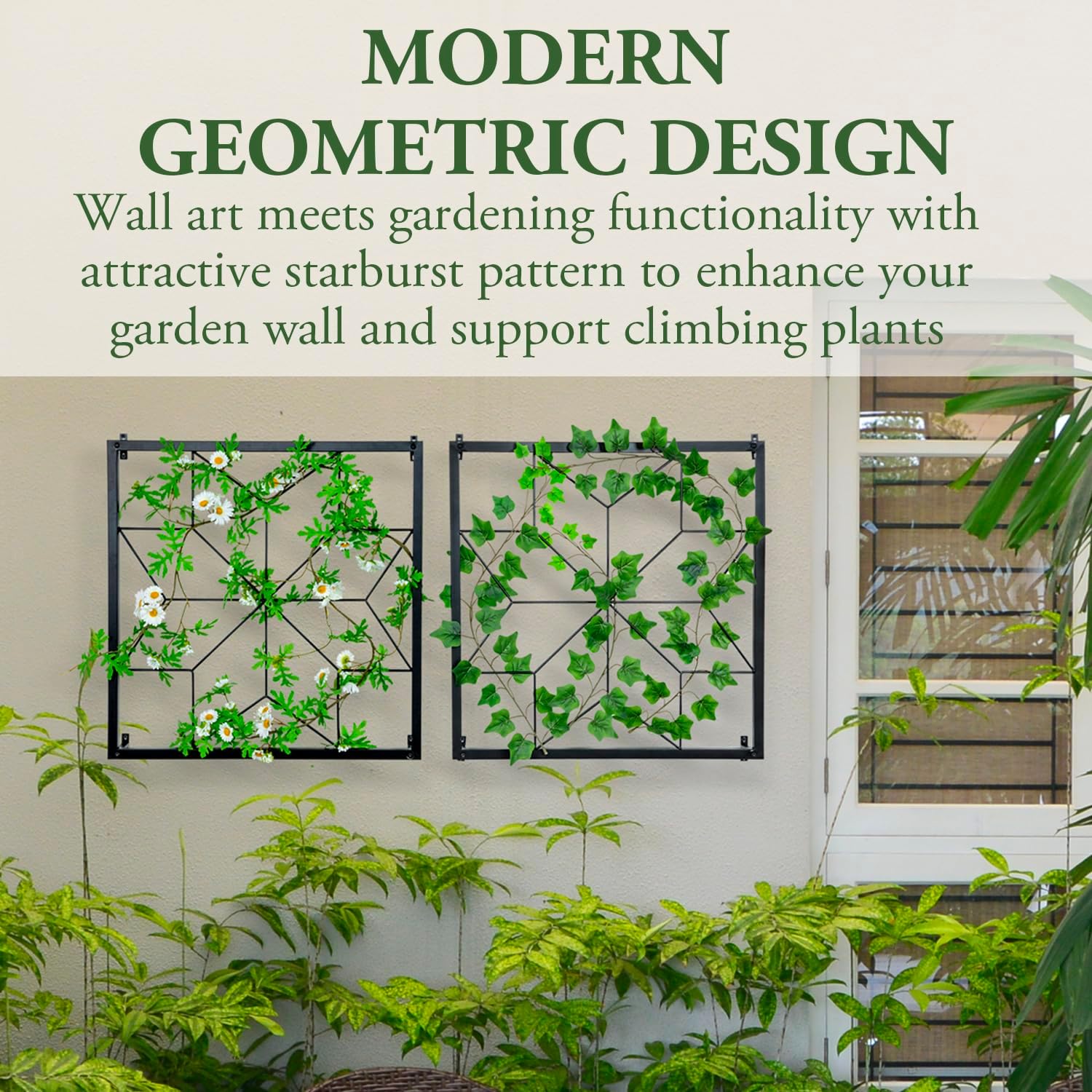 MyGift Large Wall Mounted Trellis, 25x 24 inch Metal Trellis with Vintage Starburst Design, Outdoor Hanging Support Frame for Climbing Garden Plants and Crawling Vines, Set of 2