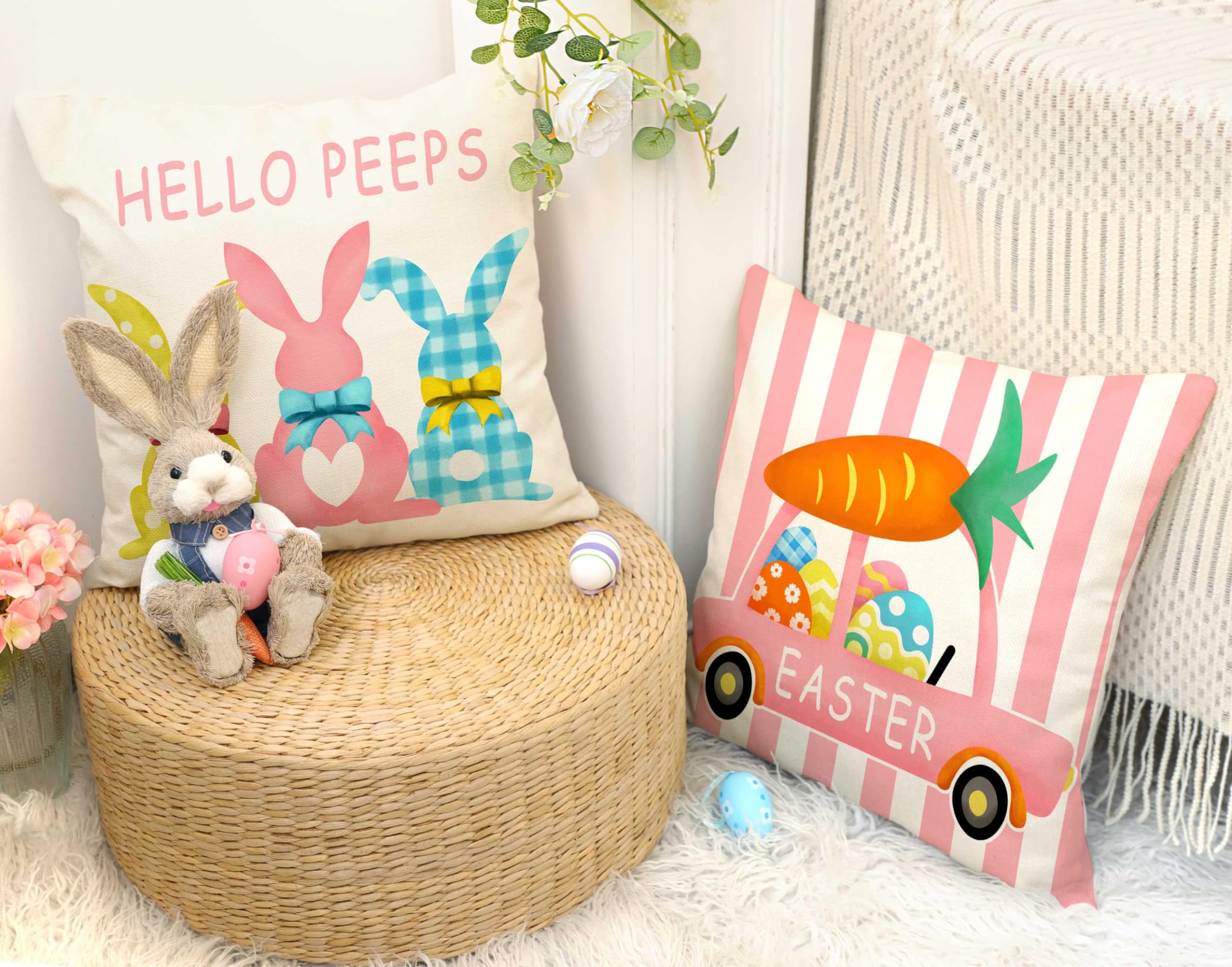 4TH Emotion Easter Throw Pillow Covers 18 x 18 Inch Set of 4, Hello Peeps Bunny Spring Farmhouse Holiday Colorful Cushion Case for Home Sofa Couch Decoration TH175 4