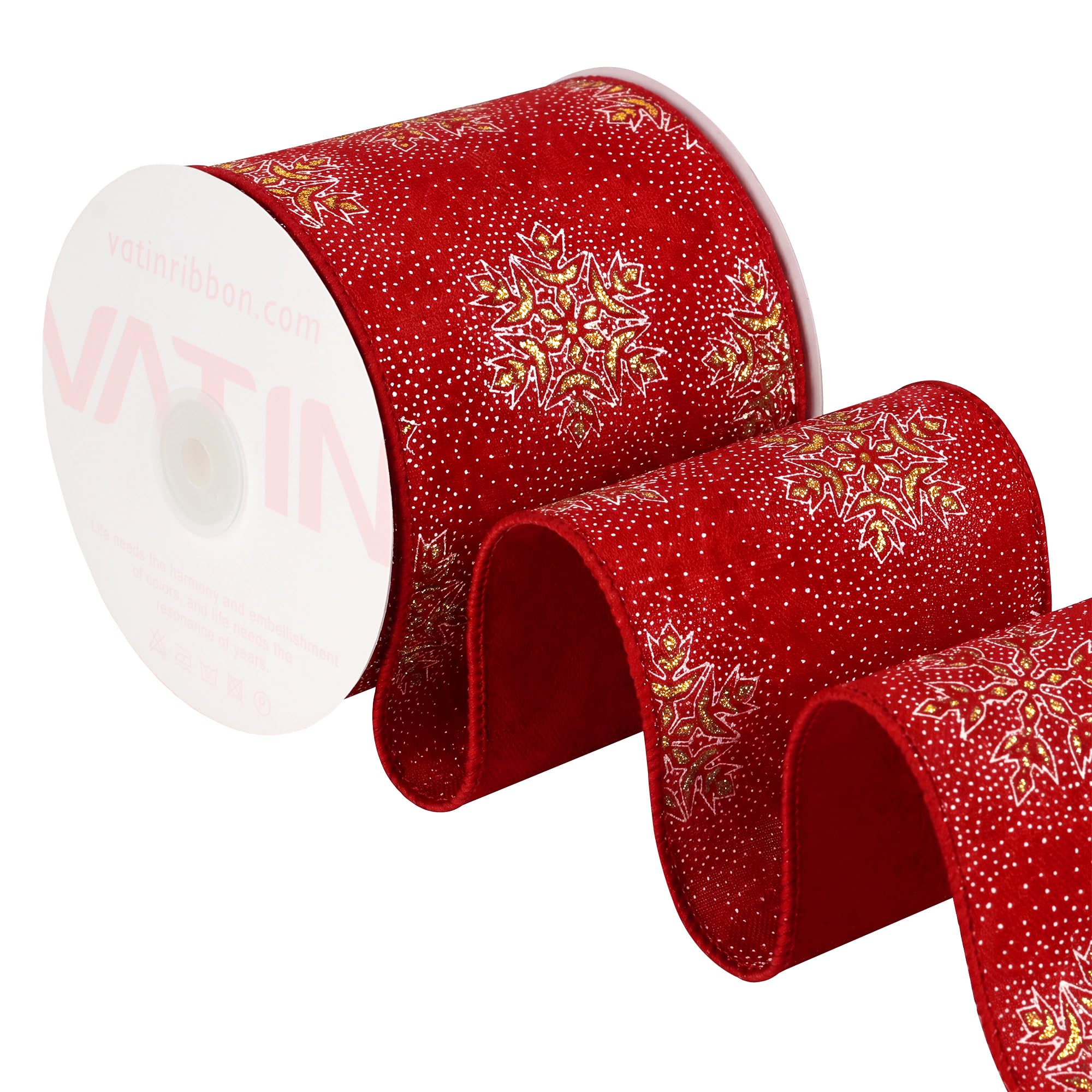 VATIN Red Velvet Gold Snowflake & Dot Wired Ribbon, 102 MM x 9 M