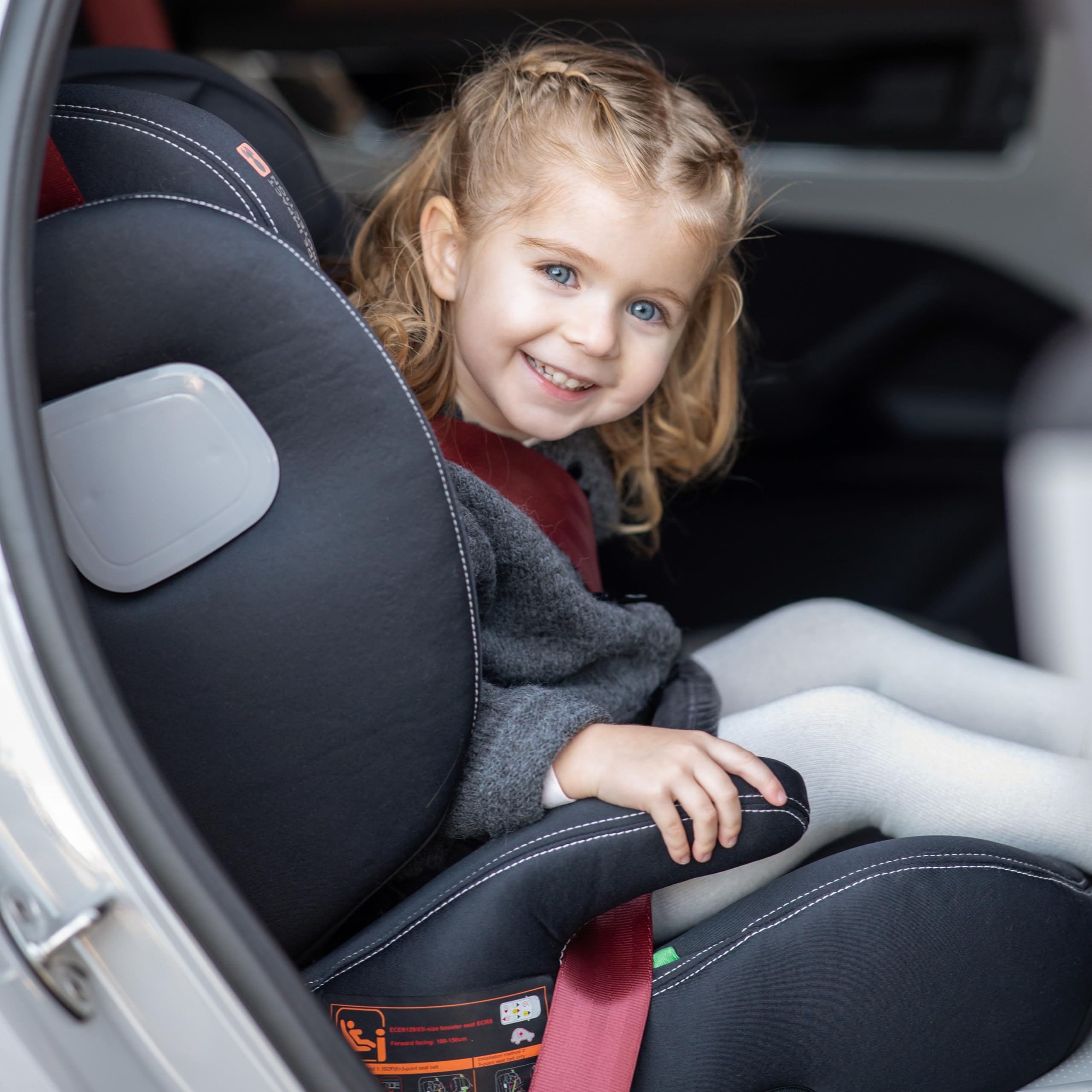 KikkaBoo Fotelik Samochodowy i-TRACK i-Size 100–150 cm, Grupa 2/3 ISOFIX, dla Dzieci 3,5–12 Lat (15–36 kg), System Ochrony Bocznej SPS, Zagłówek Regulowany w 12 Pozycjach, Szary