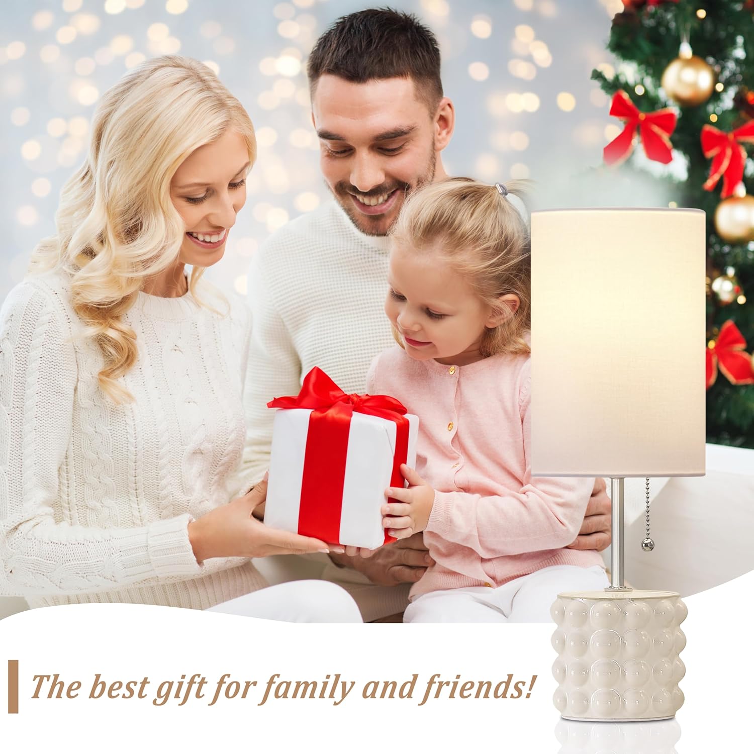 Ceramic Table Lamp Set of 2, 3-Color Temperature Ceramic Lamp Pull Chain Bedside Nightstand Lamps, Decoration Small Table Lamp Cream Lamp for Bedroom Living Room Reading Desk Side Table Lamp 2 Bulbs