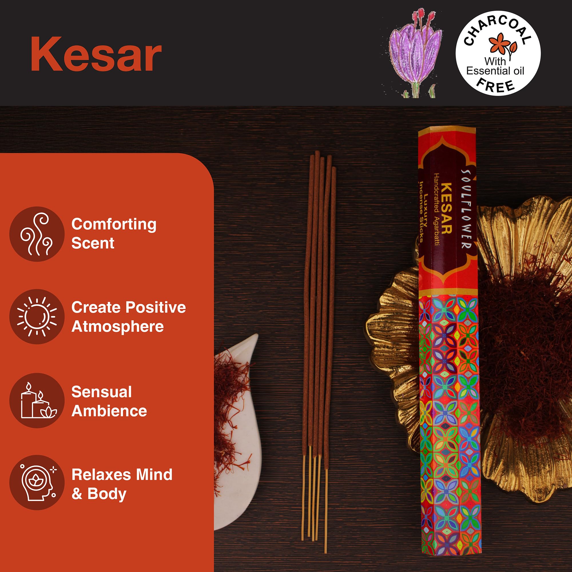 Soulflower 4 in1 Agarbatti Stick of Chandan, Gulab, Kesar & Mogra|Handmade,Long Lasting, Charcoal Free Incense Sticks for Home, Office, Room, Puja, Pooja, Meditation, Freshness 20 Sticks (Pack of 4) 4