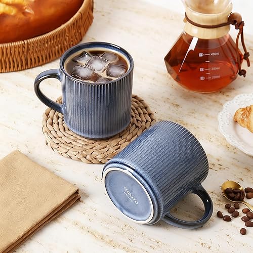Miniatura 3 de MONITO Juego de 6 tazas de café de 16 onzas, tazas de café rústicas de cerámica con asa grande, tazas de café de gres vintage a rayas para leche,