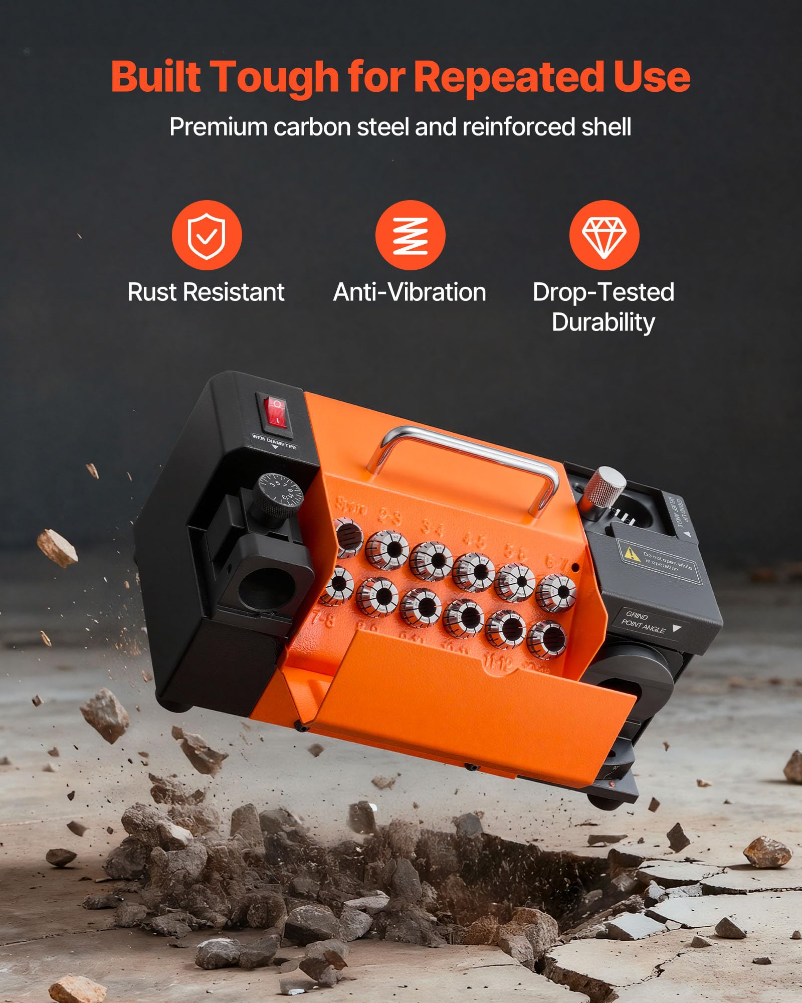VEVOR Afilador de Brocas MR-13A de 3 a 15 mm, con Ángulo de Punta Ajustable de 95° a 135°, Alta Velocidad de 4600 RPM, con 13 Pinzas y Rueda de CBN para Talleres y Garajes, 290 x 140 x 160 mm