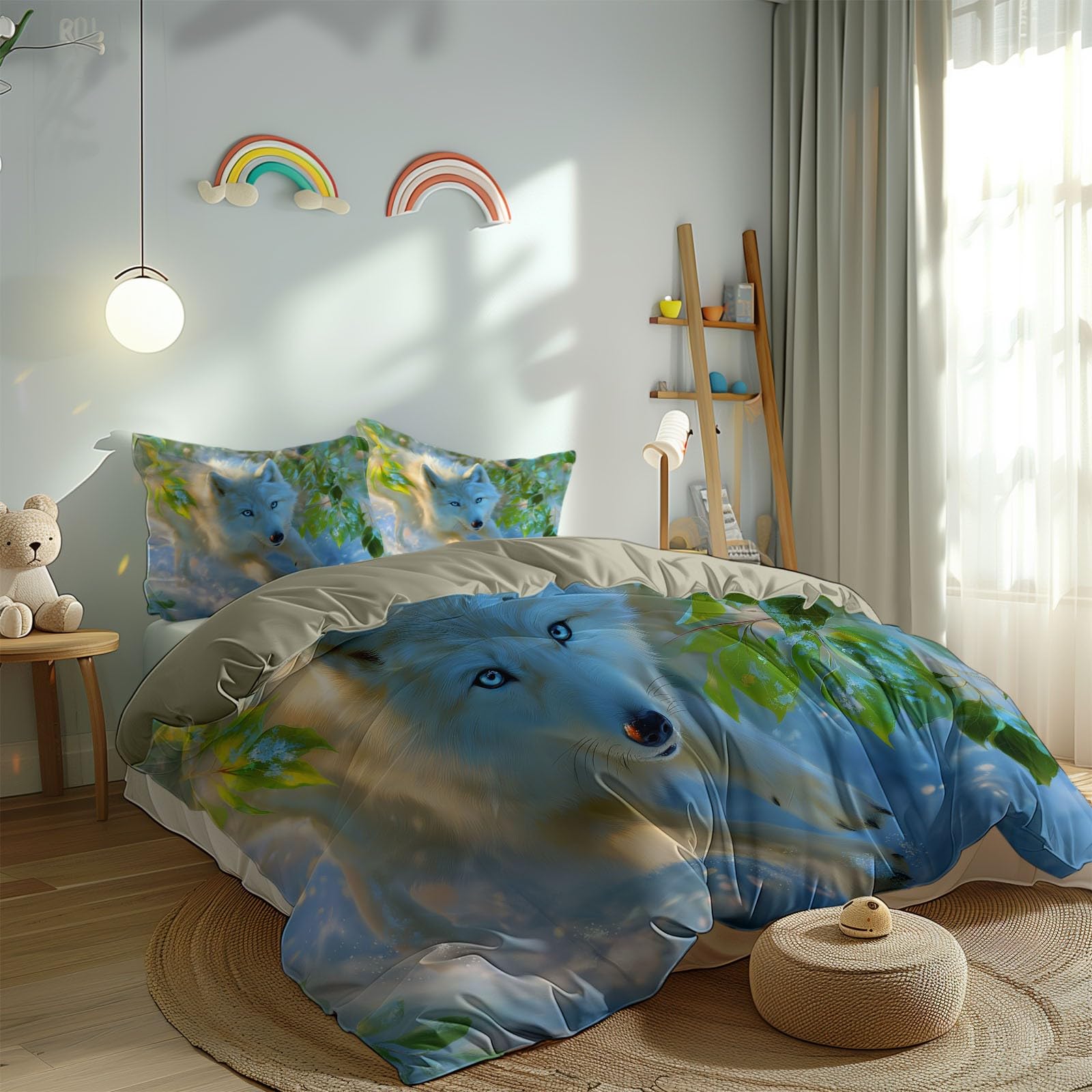 Parure de lit anime loup blanc neige beige pour décorer une chambre