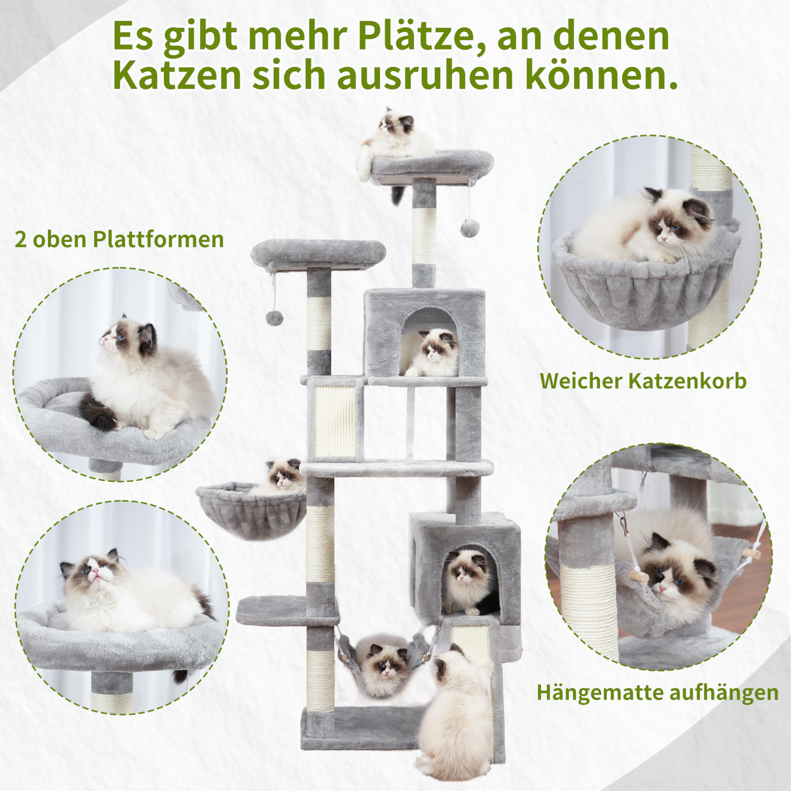 Gitelsnour Kratzbaum, Katzenbaum für Innenbereich, 180cm Katzenkratzbaum mit große ausgewachsene Katzen, 2 Kratzbrettern, 7 kratzbaume, 2 Plüsch-Plattformen, 2 Katzenhöhlen, Hellgrau GCT032W