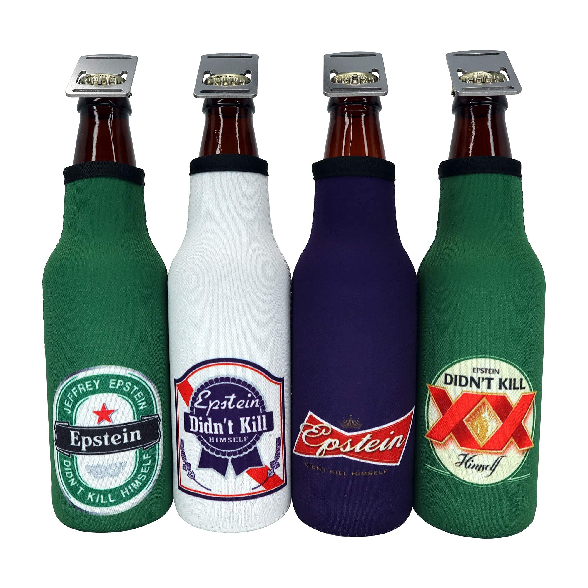 Epstein Didn't Kill Himself Coolies - AWESOMETIVITY Insulated Cooler Sleeves with Zipper and Removable Opener for 12 oz. Bottles, Funny Beer Gifts for Men Who Have Everything