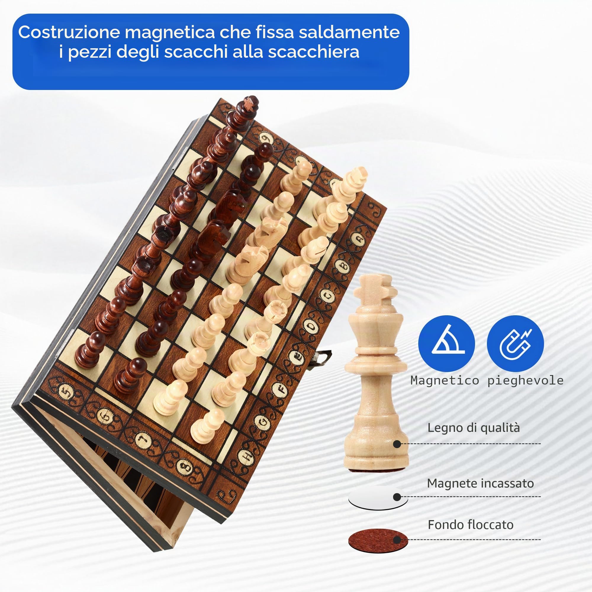 Scacchiera in legno, 3 in 1 Scacchiera Professionale, Scacchiera Portatile e Pieghevoli, Gioco da Tavola di Qualità Adatto a Raduni di Bambini Adulti, Attività Familiari (29 cm x 29 cm)