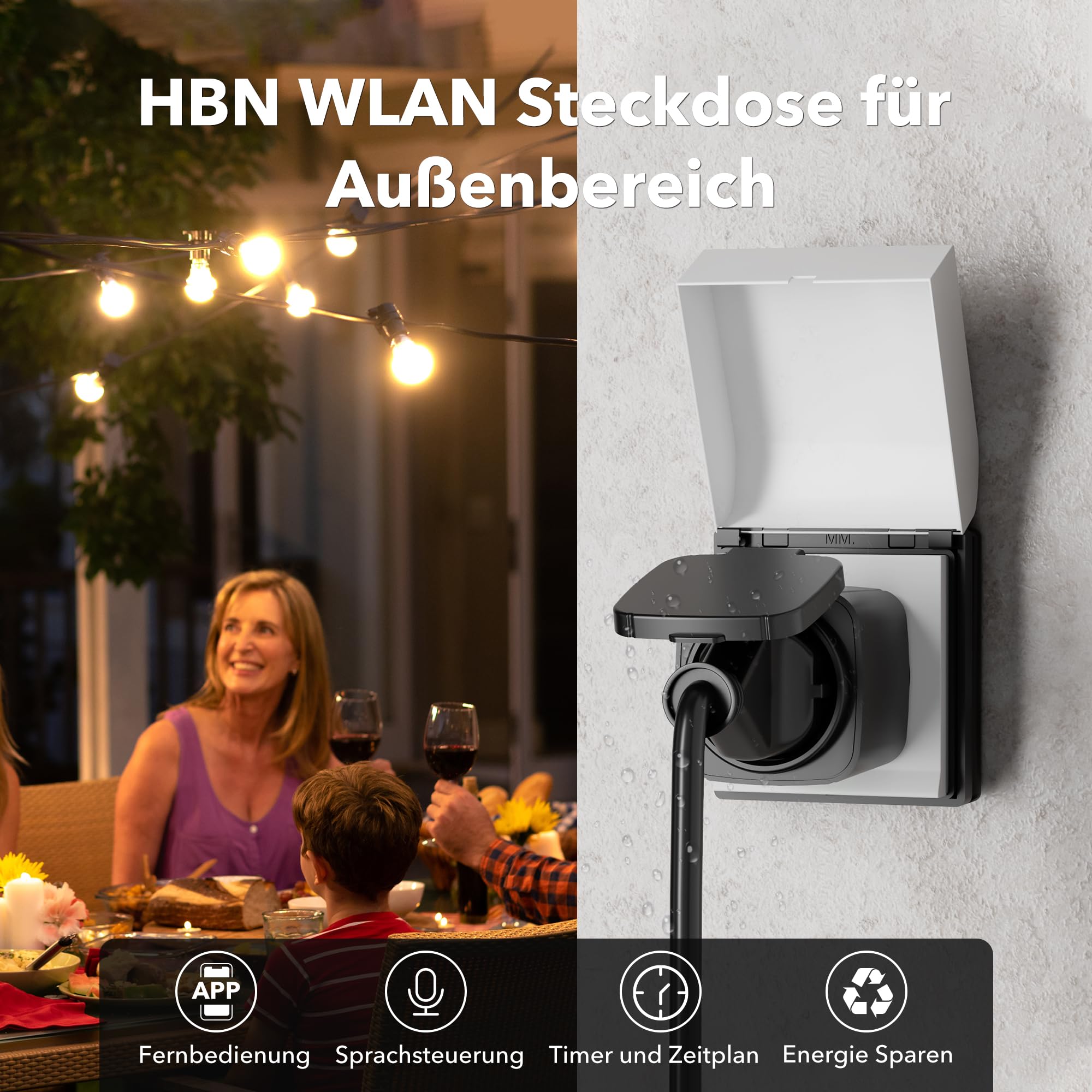 HBN Prise WiFi extérieure, 16 A, minuterie intelligente d'extérieur avec contrôle d'application, commande vocale, prise extérieure IP44 Alexa, compatible avec Alexa et Google Home, 2,4 GHz, noir
