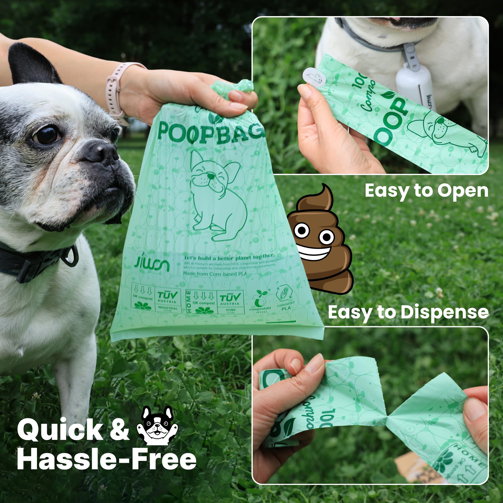 JIWON Bolsas para excrementos de perro 100 % compostables, 240 bolsas, 16 rollos, 9 x 13 pulgadas, estándar ASTM D6400 y EN 13432, certificado OK para compost y plántulas, bolsas gruesas y a prueba de
