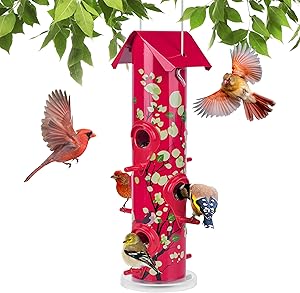 Kingsyard Metal Bird Feeders for Outdoors Hanging, 6-Ports Tube Bird Feeder, 14 inch, Durable & Weatherproof, Large Capacity for Attracting Wild Birds (Red) asin的图片