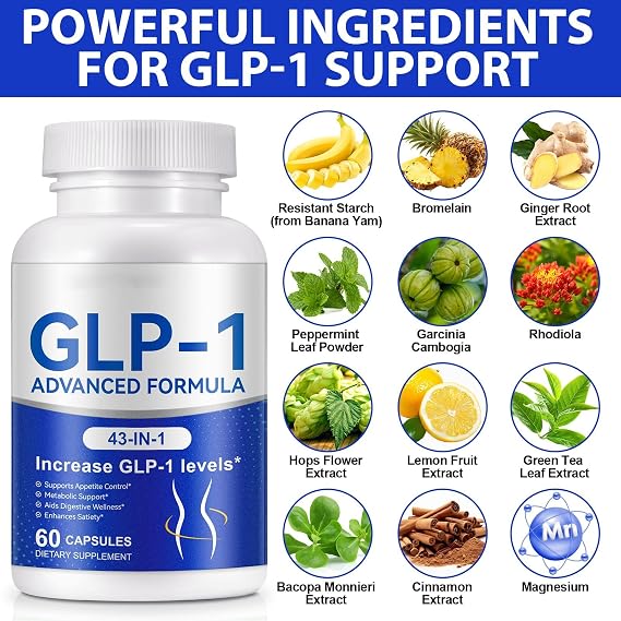 GLP-1 Supplement for Women & Men, 43-in-1 Natural Complex to Boost GLP-1 Levels, Support Appetite Control, Satiety, Metabolism & Digestive Health, Probiotic Nutritional Supplements - 60 Capsules