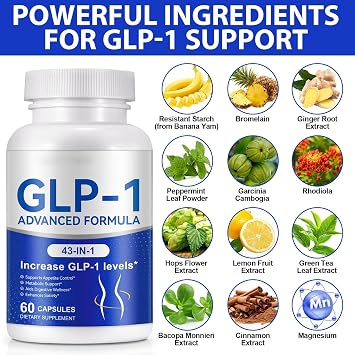 GLP-1 Supplement for Women & Men, 43-in-1 Natural Complex to Boost GLP-1 Levels, Support Appetite Control, Satiety, Metabolism & Digestive Health, Probiotic Nutritional Supplements - 60 Capsules