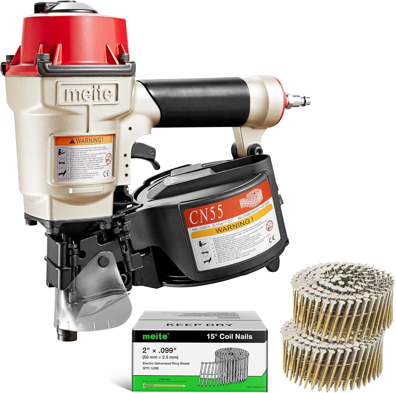 meite CN55 Pneumatic Coil Nailer with 15 Degree Siding Nails 2" × .099'' - Air Coil Nail Gun with 400PCS Magazine, 360° Adjustable Exhaust for Framing Sheathing Pallets Hardwood Projects