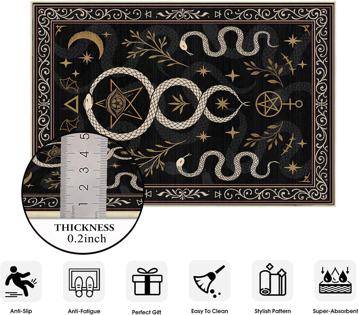 Gothic Snake 2x6 Runner Rug for Hallway Kitchen Bedroom, Dark Academia Runner Rugs Machine Washable Non-Slip Printed Low-Pile Goth Floor Carpet Celestial Witchy Mat for Living Room Bathroom Laundry