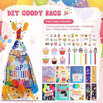 194 Pcs Happy Birthday Supplies Kit School Essentials Stationery Includes Cellophane Gift Bags Notebook Sticker Ballpoint Pen Bookmark Self-stick Note Pads for Classroom Gifts Rewards Prize