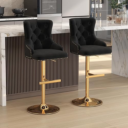 Miniatura 35 de ABET Juego de 2 taburetes de bar, taburetes de altura de mostrador con reposapiés, silla giratoria ajustable de terciopelo para isla de cocina con