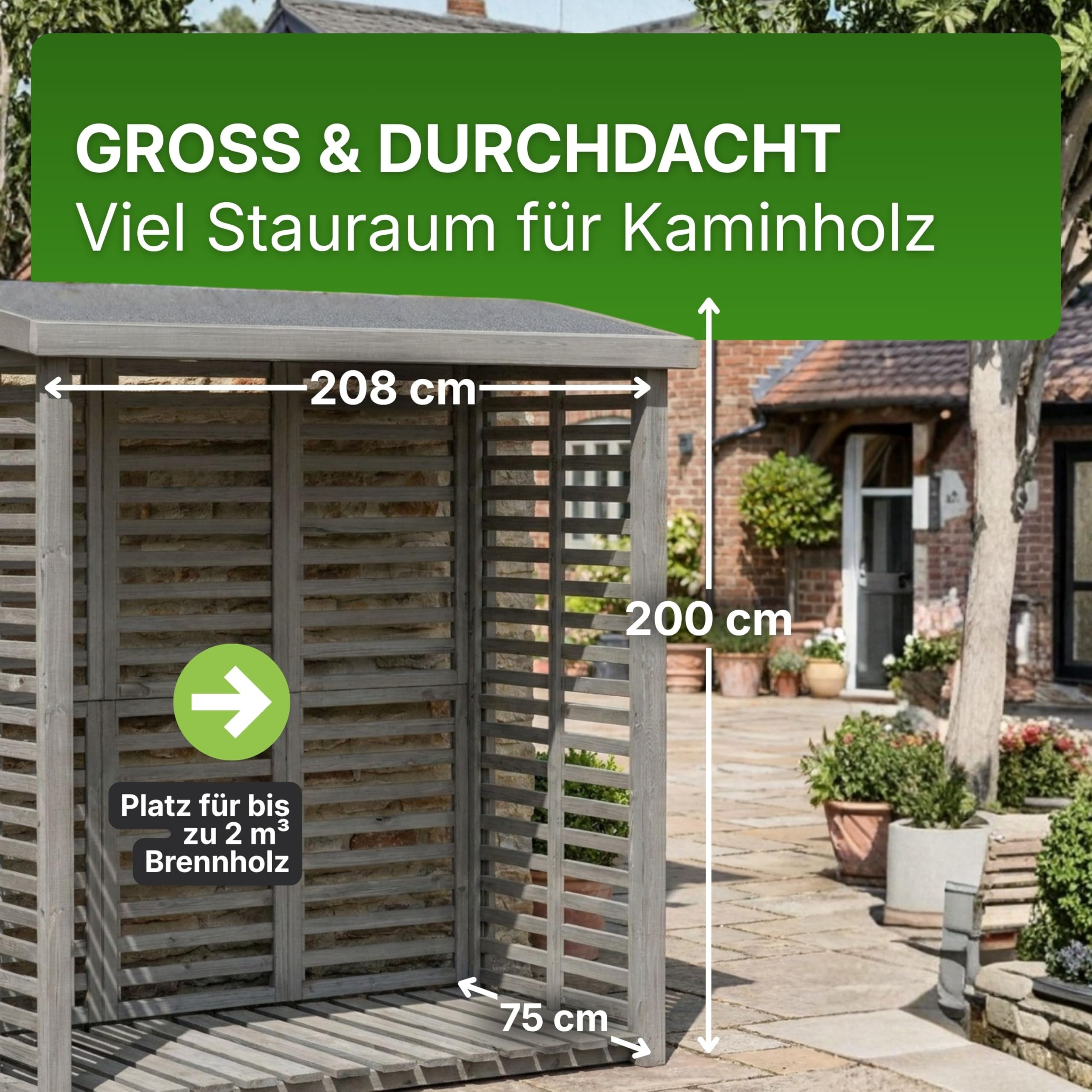 Gartenpirat Holzunterstand für Kaminholz mit Rückwand – wetterfestes Kaminholzregal für ca. 2 m³ Holz, 208 x 200 x 75 cm, stabiles Brennholzlager aus Holz