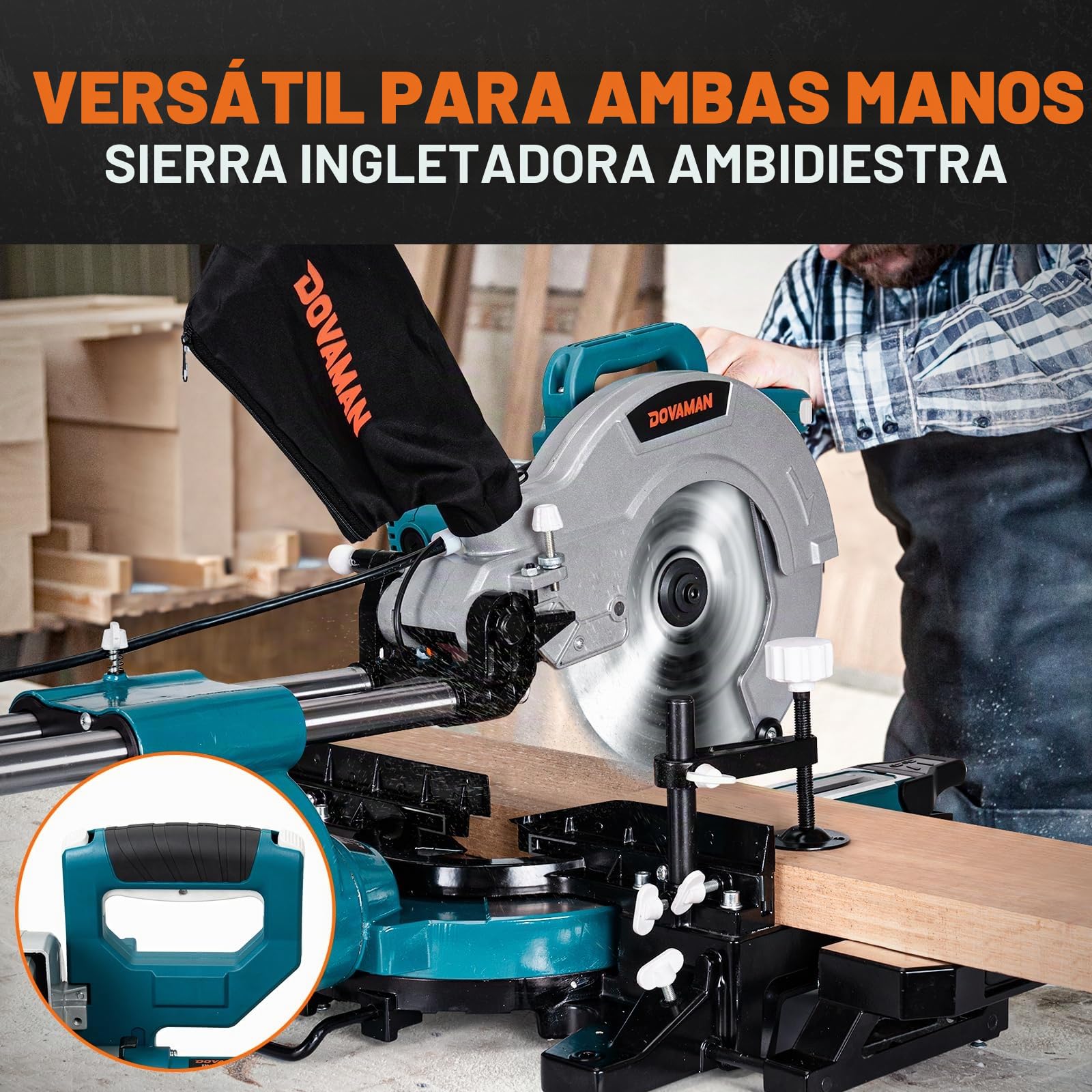 DOVAMAN DMS01A Sierra Ingletadora 2000W, 2 Velocidades 3200/5000 RPM, 3 Hojas TCT, Corte Máx 340x90mm, Inclinación 0–45°, Guía Láser, 9 Posiciones, Para Madera PVC Aluminio Metales Blandos