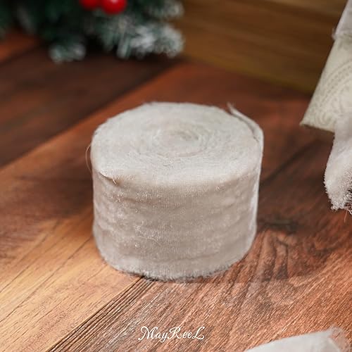 Miniatura 6 de MAYREEL Cinta de terciopelo gris pardo de 2 pulgadas rasgada a mano, cinta de seda beige con borde deshilachado para ramos de novia, invitaciones,