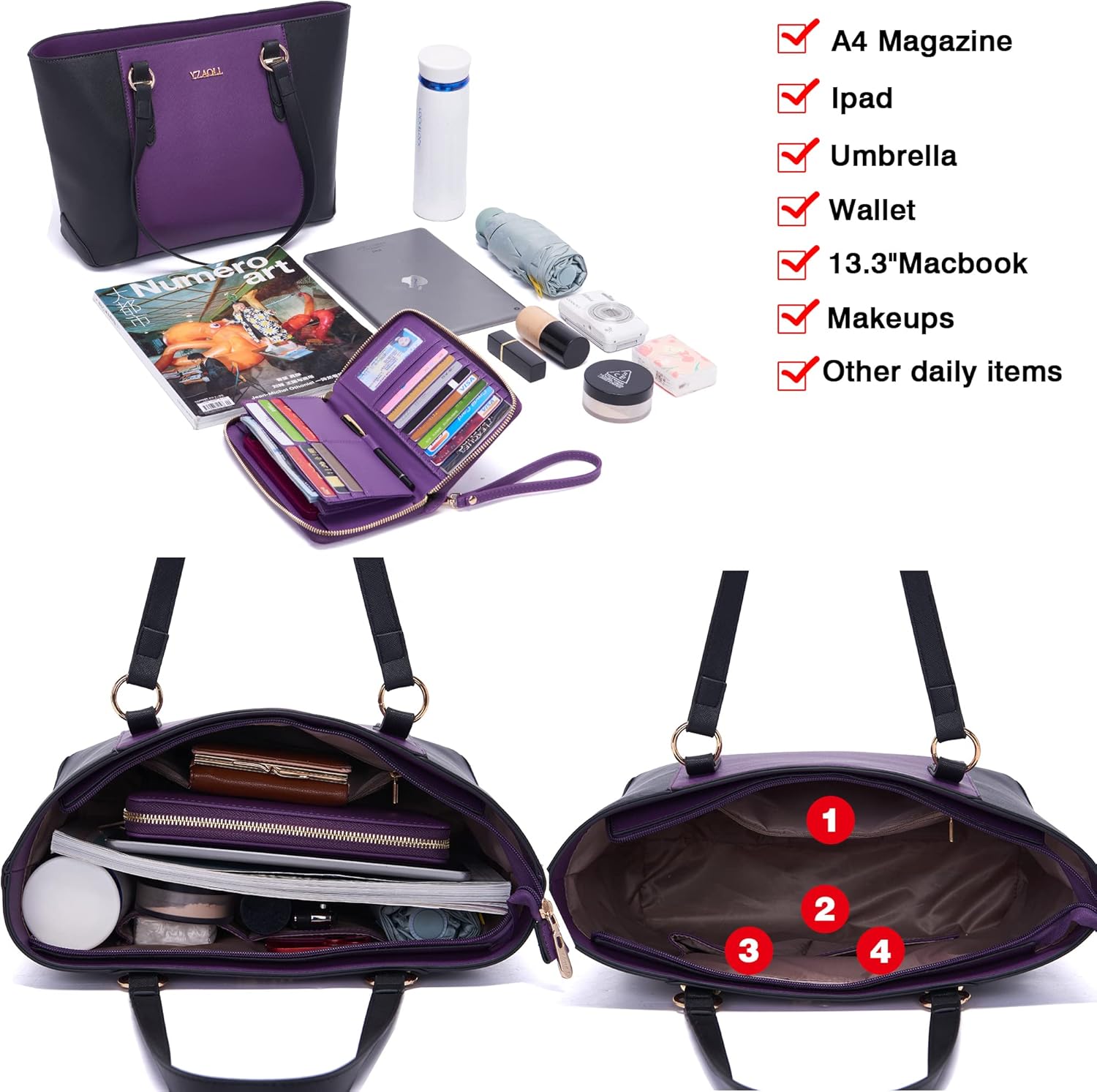 YZAOLL Purses for Women Faux Leather Medium Large Tote Satchel Shoulder Purse Handbag Wallet set - Image 2