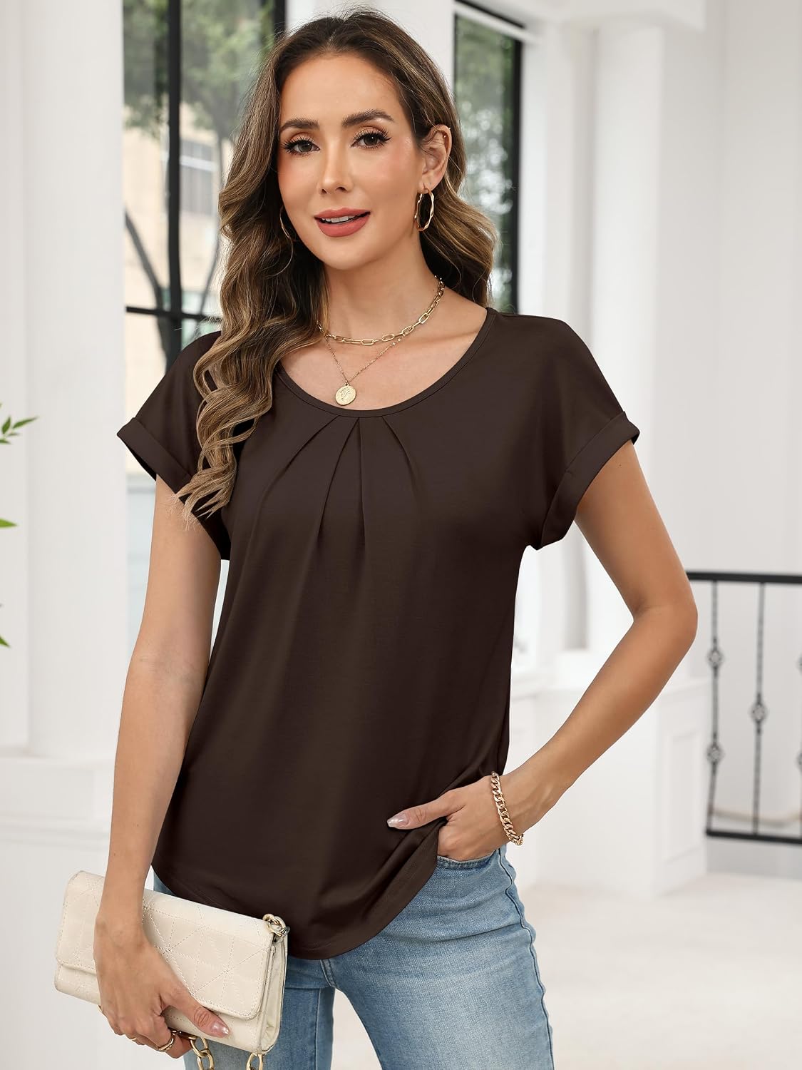 ANRABESS Women's Short Sleeve Pleated T Shirts | Scoop Neck Breathable Tops, Business Casual Dressy Blouses, 2026 Summer Cute Fashion Clothes