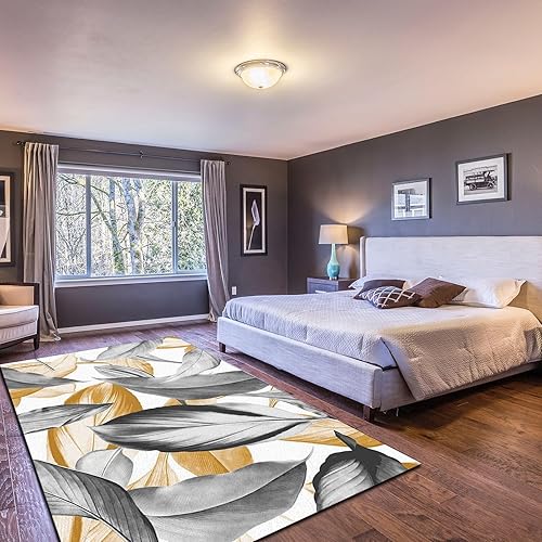 Miniatura 2 de Alfombra de área de hojas de plumas grises y doradas, nórdica, moderna, simple, de alta calidad, antideslizante, lavable a máquina, fácil cuidado,