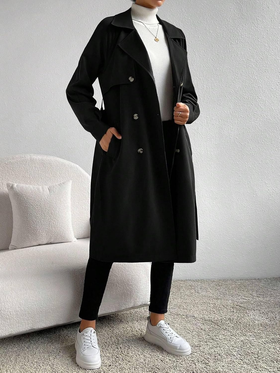 Women's Trench Coat Casual Double Breasted Belted Raglan Sleeve Trench Coat Long Sleeve Classic Overcoat