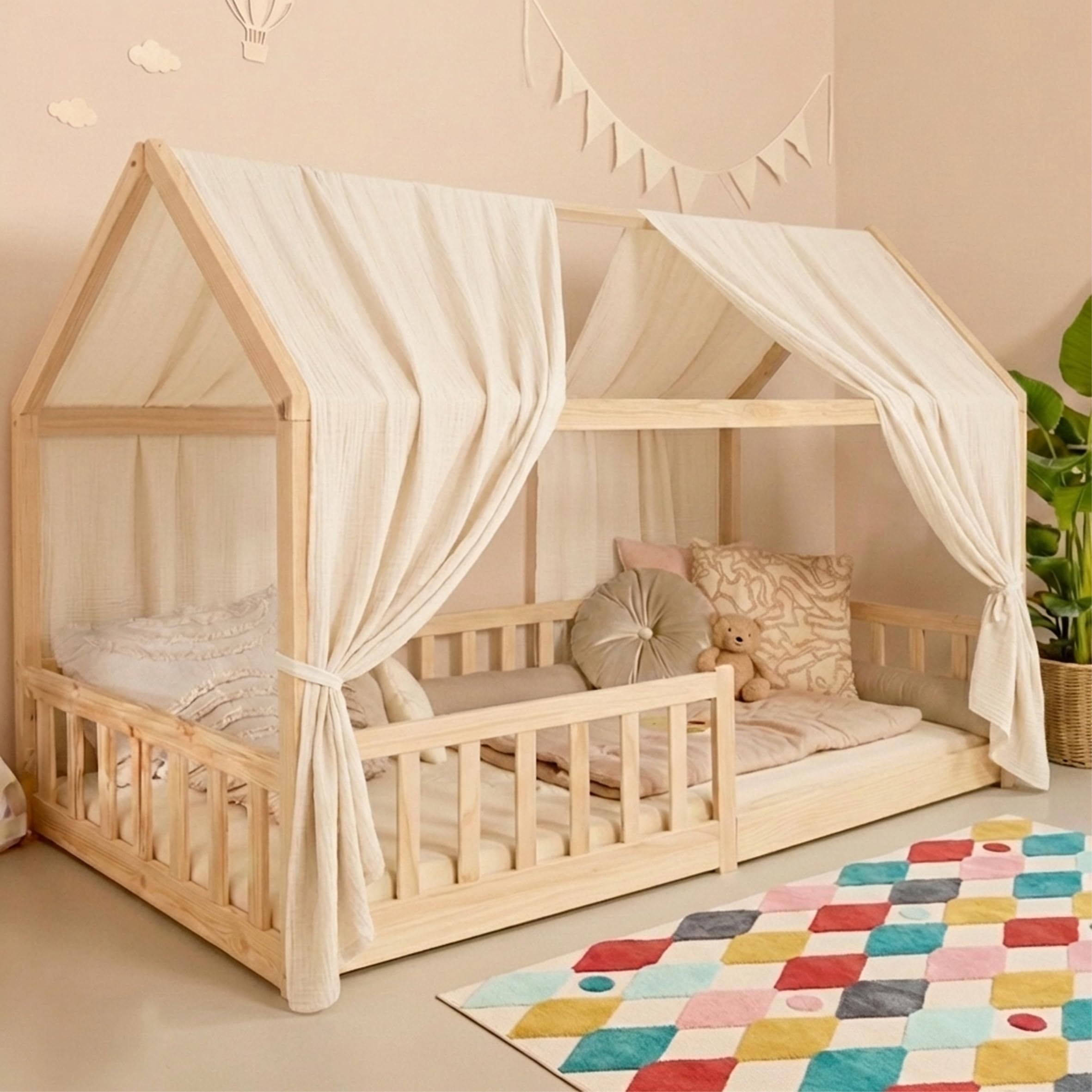 Hausbett Himmel – Aus weichem Musselin in 9 Farben – 100% Bio-Baumwolle – Traumhafte Hausbett Deko & Himmelbett Vorhänge – Made in Europe mit Liebe