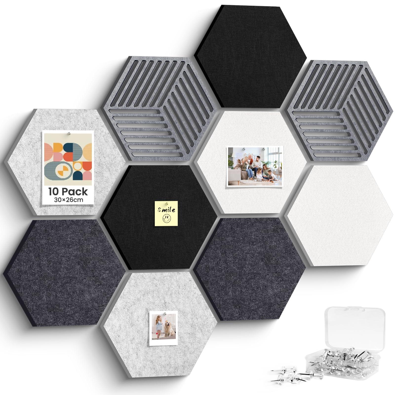 10 Stück Sechseckige Filz Pinnwand, Pinnwand Kork Alternative Selbstklebend, Dekorative Filzboard Vision Board Fotowand Memoboard Wanddekoration mit 30 Pinnnadeln für Büro, Schule, Zuhause