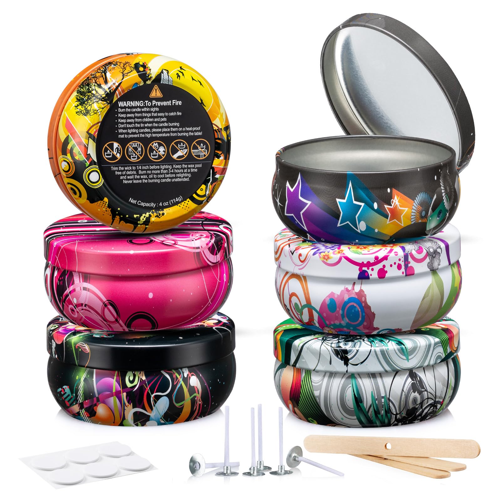 opesharUpgrade 6 Pieces 4oz Large Caliber Candle Tins, Empty Candle Jars, Round Container with Lids,Includes Pre-Cut Wicks, Wicks Stickers, Wicks Holder for DIY Candle Making (6)