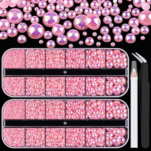 Belleboost Kits de perlas de parte trasera plana 2 cajas de perlas de parte trasera plana AB rosa con lápiz recogedor y pinzas para el hogar y arte
