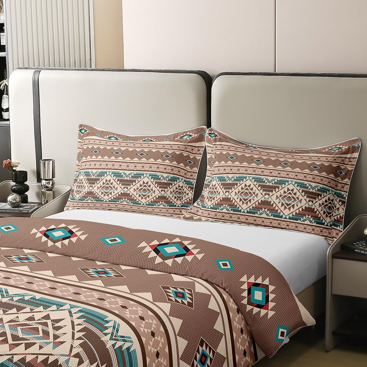 Homewish Western 100 Percent Cotton Duvet Cover Double,Aztec Bedding Set,Exotic Bohemian Native Indian Tribal Comforter Cover,Vintage Geometric Triangle Boho Bed Sets with 2 Pillowcases,Beige Brown - Image 4