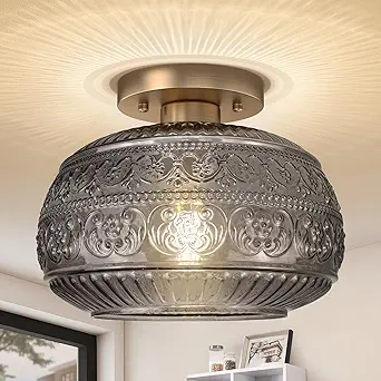 Semi Flush Mount Ceiling Light Fixture, 11" Vintage Gold Hallway Lights Fixture Ceiling with Grey Glass for Kitchen, Hallway, Bathroom and Entry Way,Compatible with E26 Light Bulb
