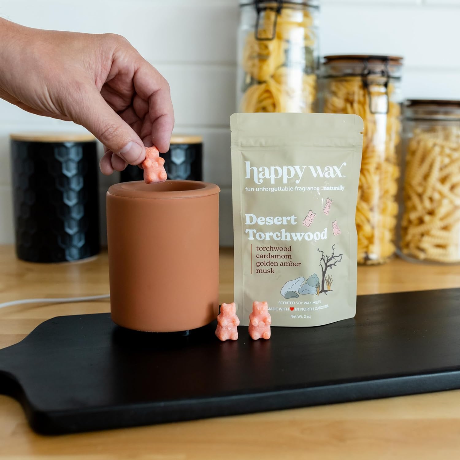 Happy Wax Clay Mini Mod Warmer with 6 oz Winter Collection Scented Soy Wax Melts. Includes: Winterberry, Evergreen Trees, and Roasted Chestnut